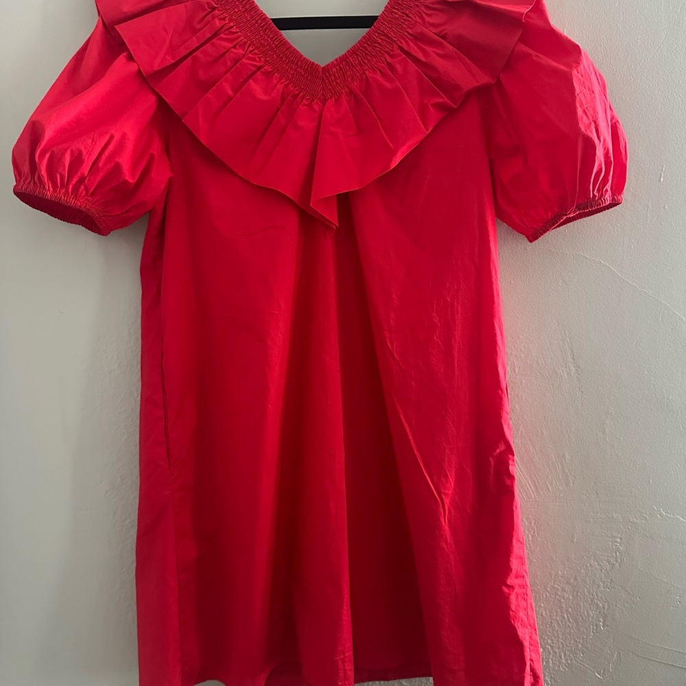 English Factory Red Ruffle-Trim Puff Sleeve Tunic